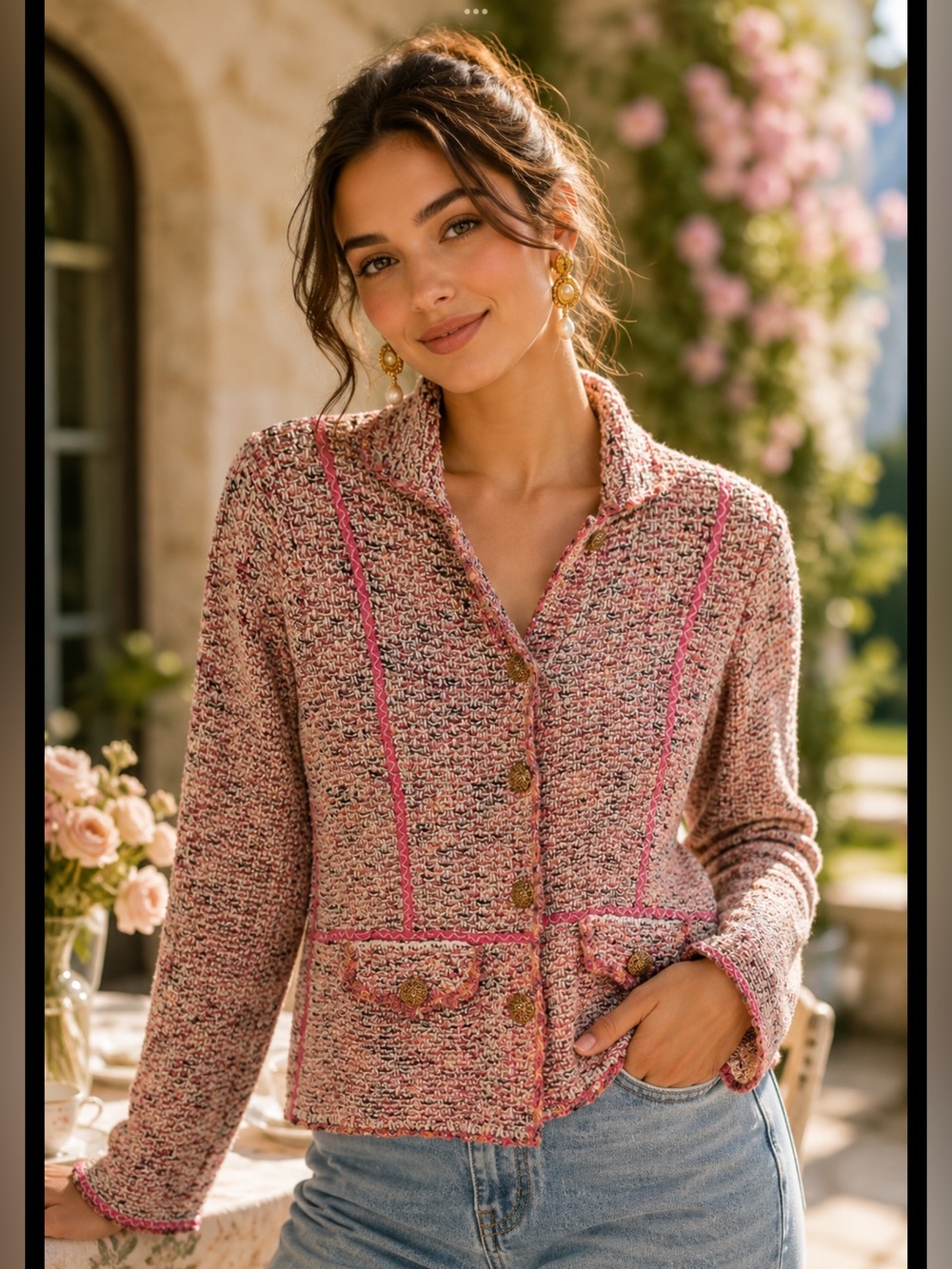 Sigrid Olsen Textured Knit Jacket Cardigan Pink Multi Tweed Look‎ Size Small NWT
